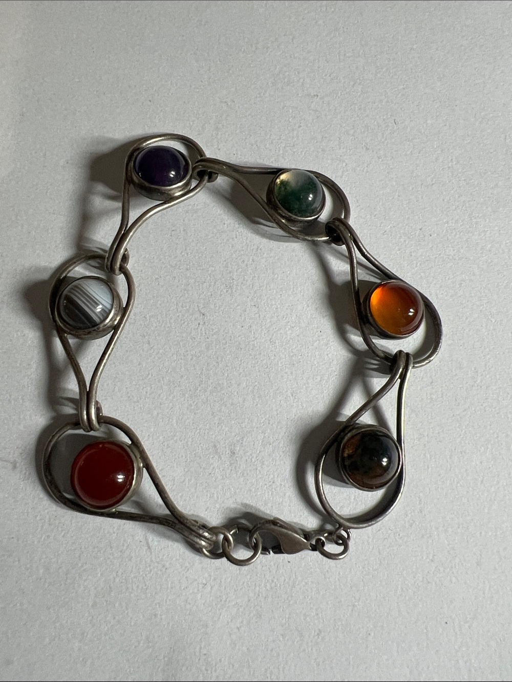 Sterling Silver 925 Multi-Stone Bracelet with Colored Gem Cabochons